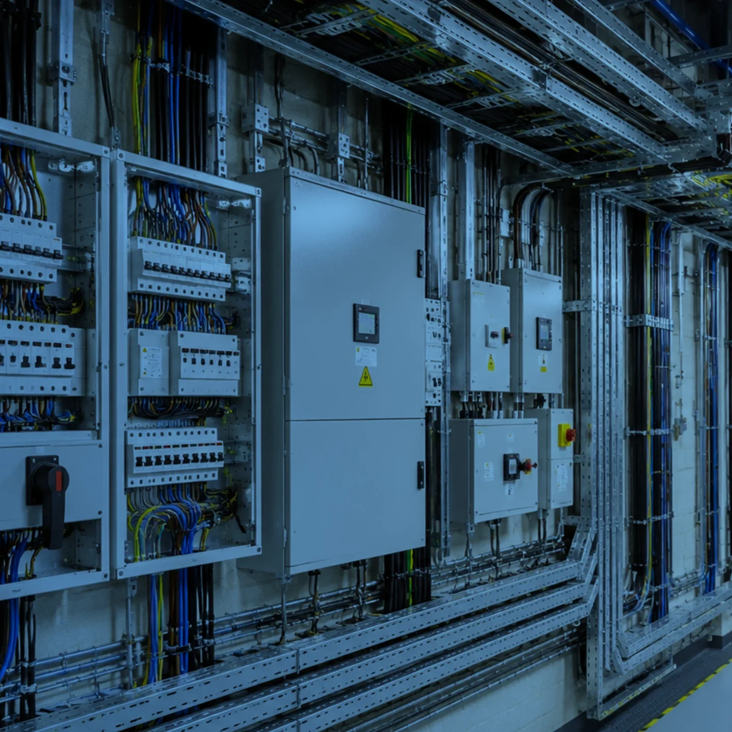 Electrical distribution cabinets and cable trays in a commercial plant room
