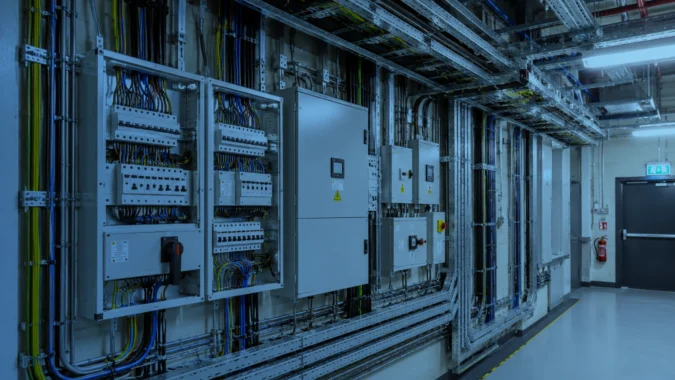 Electrical distribution cabinets and cable trays in a commercial plant room
