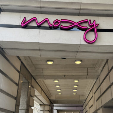 Moxy hotel sign above the Piccadilly Circus entrance