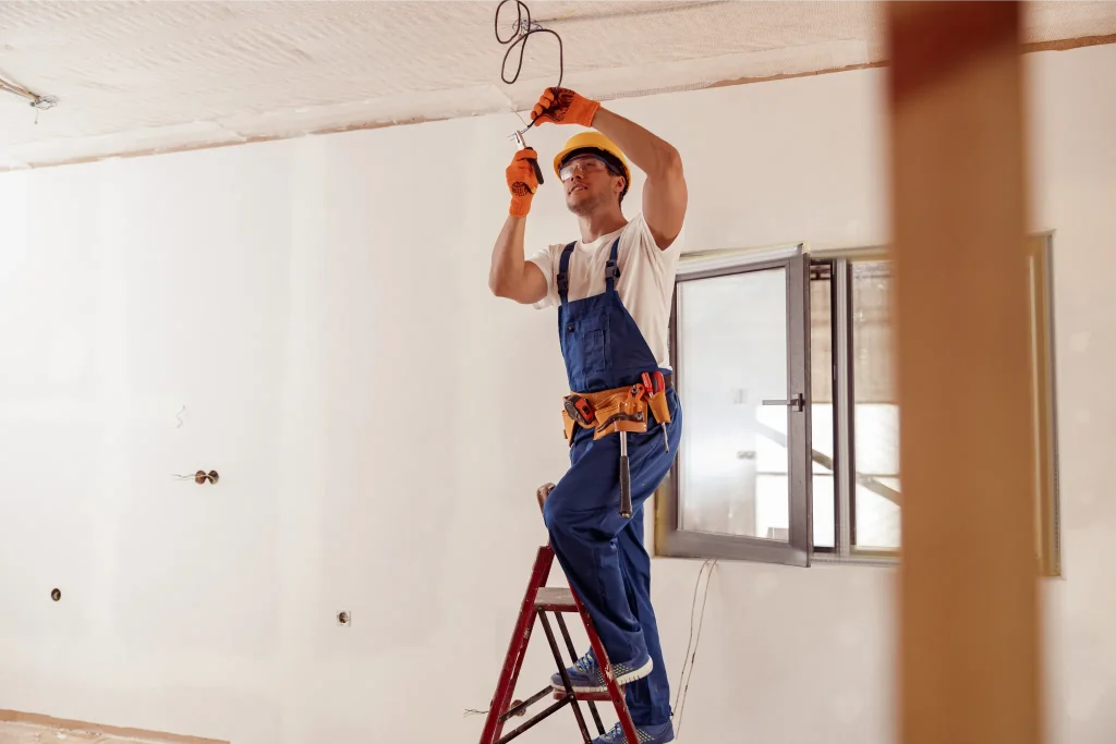 Electrician working on ceiling wiring from a stepladder