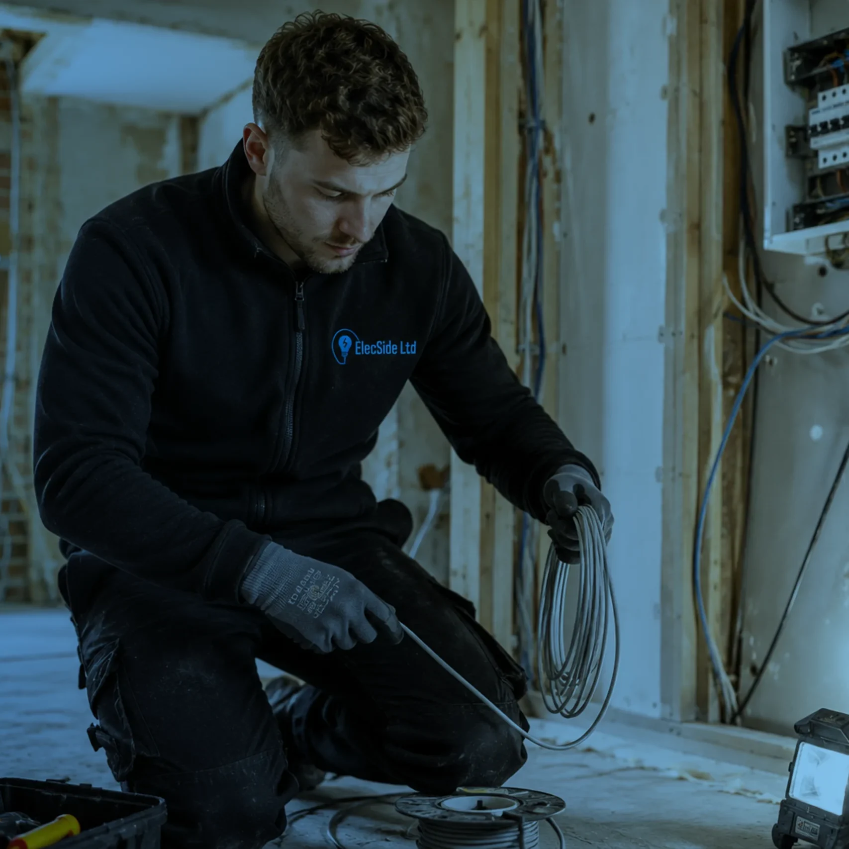 Electrician installing wiring inside an unfinished wall