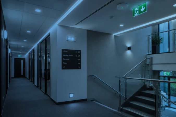 Illuminated corridor with ceiling lights and emergency exit sign