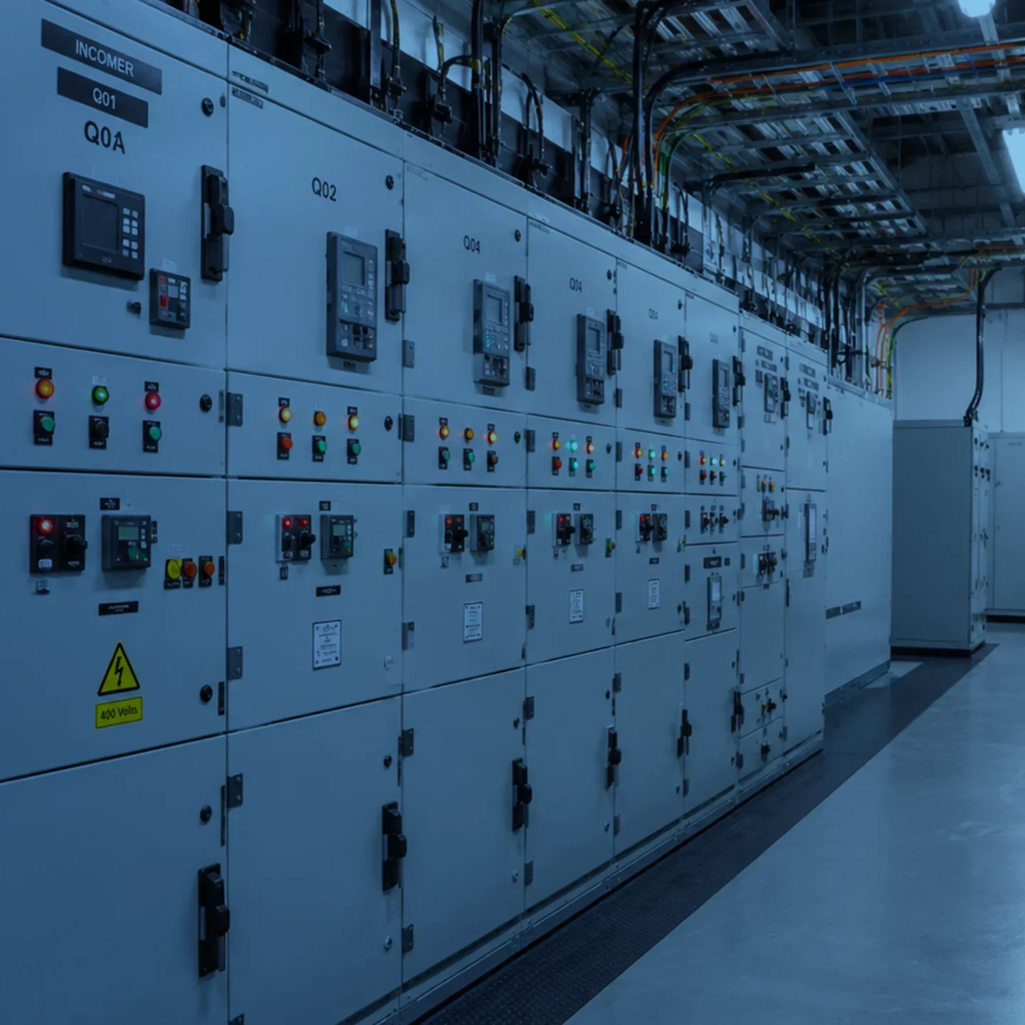 Electrical switchgear and control panels in a plant room