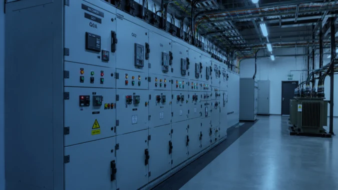 Electrical switchgear and control panels in a plant room