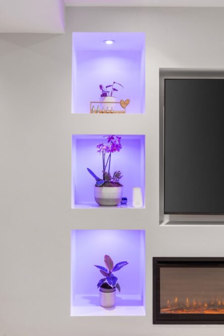 Purple accent lighting in recessed display shelves at 6 Peters Avenue