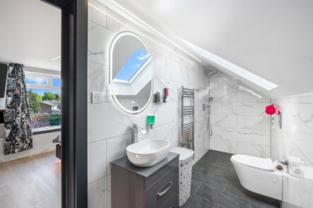 Bathroom roof window and illuminated oval mirror at 6 Peters Avenue