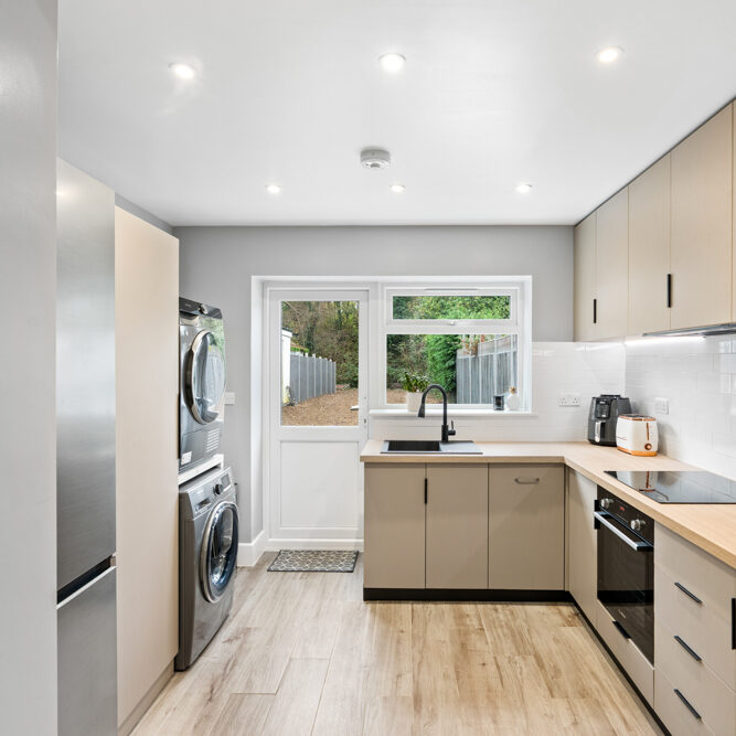 Kitchen island and recessed ceiling lights at 57 St Marys Drive