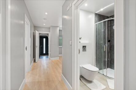 Bathroom mirrors, shower and recessed lighting at 57 St Marys Drive