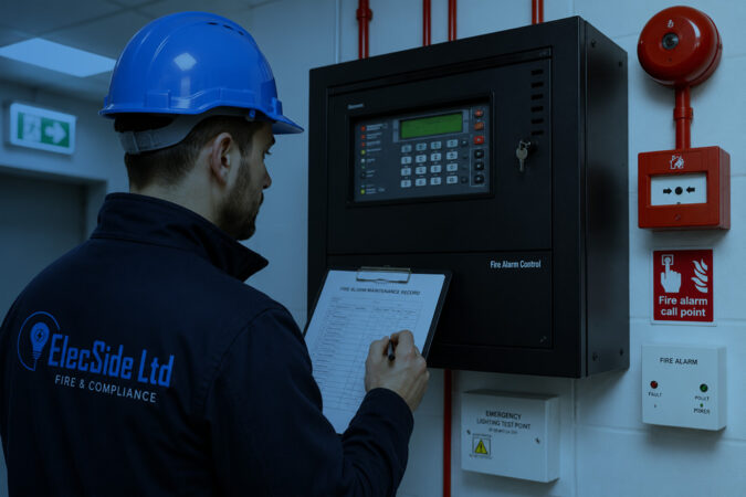Engineer inspecting a fire alarm control panel