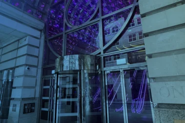 Moxy hotel entrance with purple decorative lighting